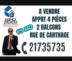 Apprt 4 p 2 Balcons Centre Ville 95 md à Bab Bhar